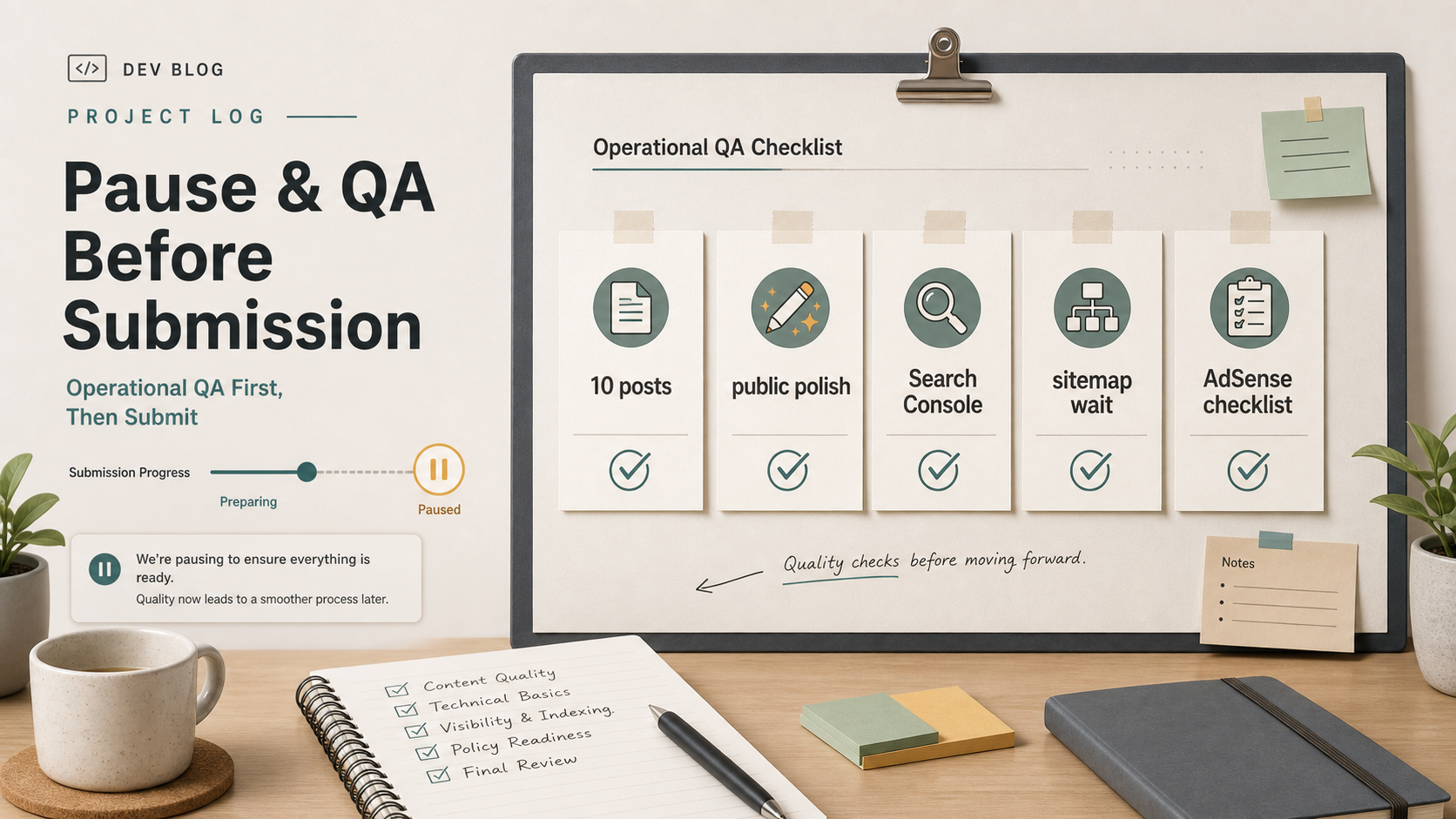 Google AdSense 신청 전 10 posts, public polish, Search Console, sitemap wait, AdSense checklist를 점검하는 Project AI Autoblog 운영 QA 보드